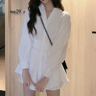 Set: Plain Lantern-sleeve Shirt + High-waist Mini A-line Skirt Set Of 2 - White - One Size