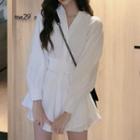 Set: Plain Lantern-sleeve Shirt + High-waist Mini A-line Skirt Set Of 2 - White - One Size