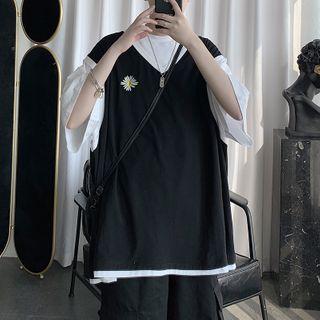 Elbow-sleeve Mock Two Piece Embroidered T-shirt