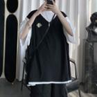 Elbow-sleeve Mock Two Piece Embroidered T-shirt