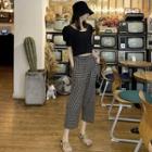 Set: Short-sleeve Plain Single-breasted Blouse + High-waist Plaid Wide-leg Pants