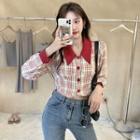 Long-sleeve Button-up Plaid Crop Top