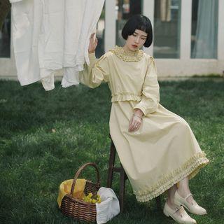 Long-sleeve Ruffled Mock-neck Midi A-line Dress