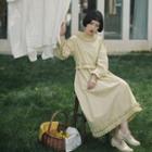 Long-sleeve Ruffled Mock-neck Midi A-line Dress