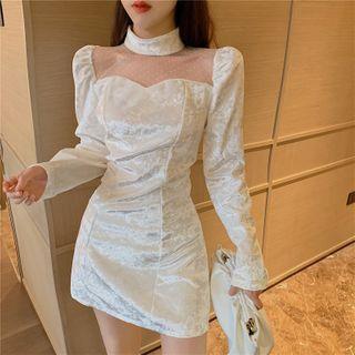 Long-sleeve Dotted Mesh Panel Mock-neck Mini Sheath Dress