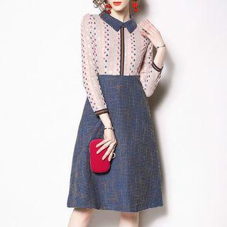Tweed Panel Long-sleeve A-line Dress