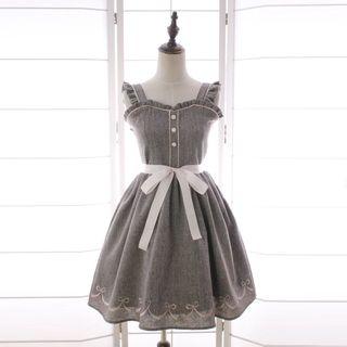 Ruffle Trim Sleeveless Embroidered A-line Dress