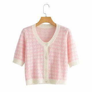 Short-sleeve Gingham Cardigan Pink & White - One Size