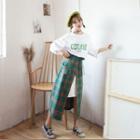 Set: Lettering 3/4 Sleeve T-shirt Dress + Plaid Midi Skirt