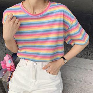 Rainbow-stripe Short-sleeve Top Pink - One Size
