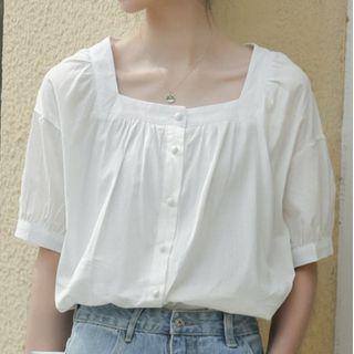 Square Neckline Short-sleeve Button Top