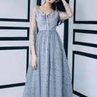 Long-sleeve Polka Dot Mesh A-line Midi Dress