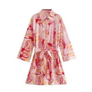 Long-sleeve Print Tie-strap Dress