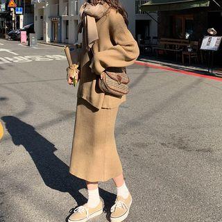 V-neck Ribbed Sweater / Midi A-line Knit Skirt