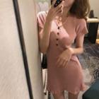 Short-sleeve Half-button Mini A-line Knit Dress