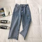 Print High-waist Asymmetric Frayed Jeans