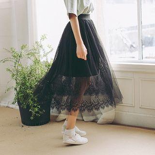Lace Trim Midi Tulle Skirt