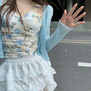 Floral Camisole Top / Tiered Mini A-line Skirt / Cardigan