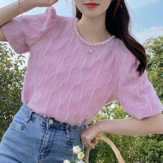 Puff-sleeve Pearl Trim Plain Ruched Top