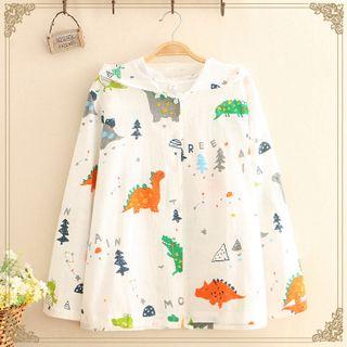 Dinosaur Printed Long-sleeve Hooded Shirt As Shown In Figure - One Size