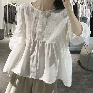 Plain 3/4-sleeve Frill Trim Buttoned Top