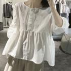 Plain 3/4-sleeve Frill Trim Buttoned Top
