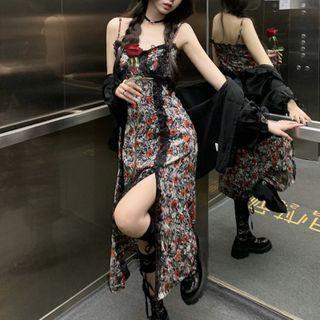 Spaghetti Strap Floral Lace Trim Midi Sheath Dress