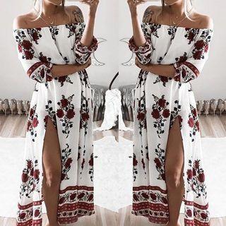 Off Shoulder Floral Elbow-sleeve Maxi A-line Dress