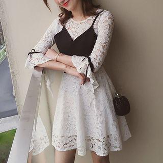 Mock Two Piece 3/4 Sleeve Lace A-line Dress