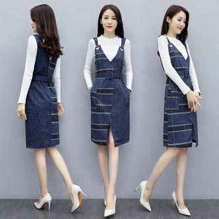 Set: Long-sleeve Top + Denim Jumper Dress