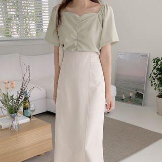 Short-sleeve Off-shoulder Top + High-waist Plain A-line Skirt