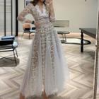 Long-sleeve Mesh-panel A-line Lace Gown