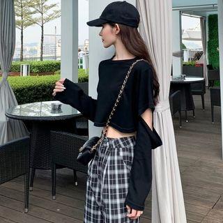 Long-sleeve Top + High-waist Plaid Pants