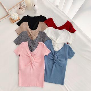 Short-sleeve Knotted V-neck Knit Top
