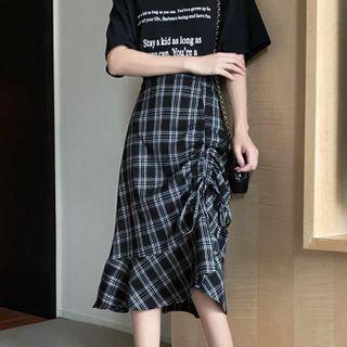 Asymmetric Plaid High-waist Midi Skirt