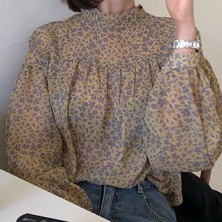 Long-sleeve Floral-pattern Chiffon Top As Shown In Figure - One Size