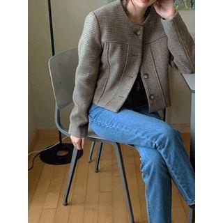 Round-neck Wool Blend Checked Jacket