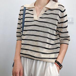 Elbow-sleeve Collared Striped Knit Top