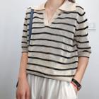 Elbow-sleeve Collared Striped Knit Top