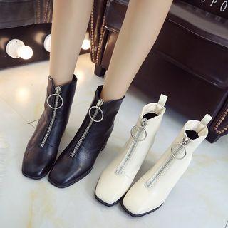 Faux Leather Front Zipper Block Heel Booties