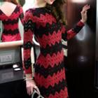 Two-tone Long-sleeve Sheath Lace Cocktail Dress