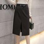 Belt-waist Pencil Midi Skirt