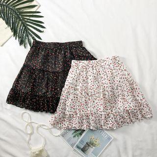 Ruffled-hem Floral Chiffon Mini Skirt