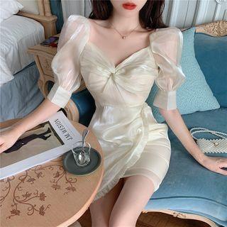 Knot Puff-sleeve Frill-trim Mesh Dress