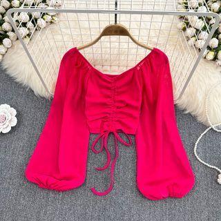 Puff Sleeve Plain Drawstring Crop Blouse