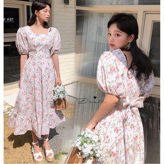 Puff-sleeve Midi Floral A-line Dress