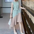 Sleeveless Two Tone Tie-waist Dip-back A-line Dress