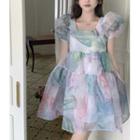 Short-sleeve Tie Dye Sheer Dress Green & Pink & White - One Size