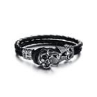 Fashion Personality Rock Skull Multilayer Leather Bracelet With Black Cubic Zirconia Silver - One Size