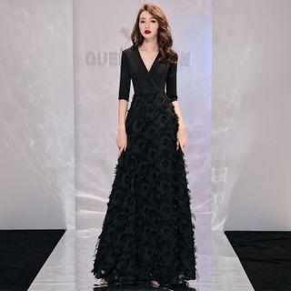 Elbow-sleeve Feather A-line Gown / Midi Prom Dress